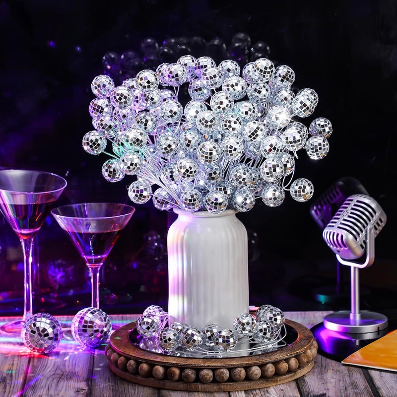 Knitgrip 12 Pcs Disco Balls Party Decorations Disco Ball Ornaments 2026 New Year Eve Party Silver Ornaments Glitter Mini Flower Picks Sticks Bulk 14 Inch Planter Vases Glitter Stems for Crafts - Image 3